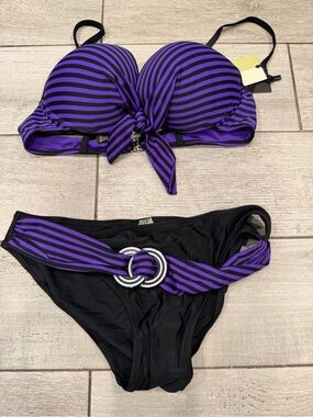 Purple & Black Striped Tie-Front Push-Up Bikini Set